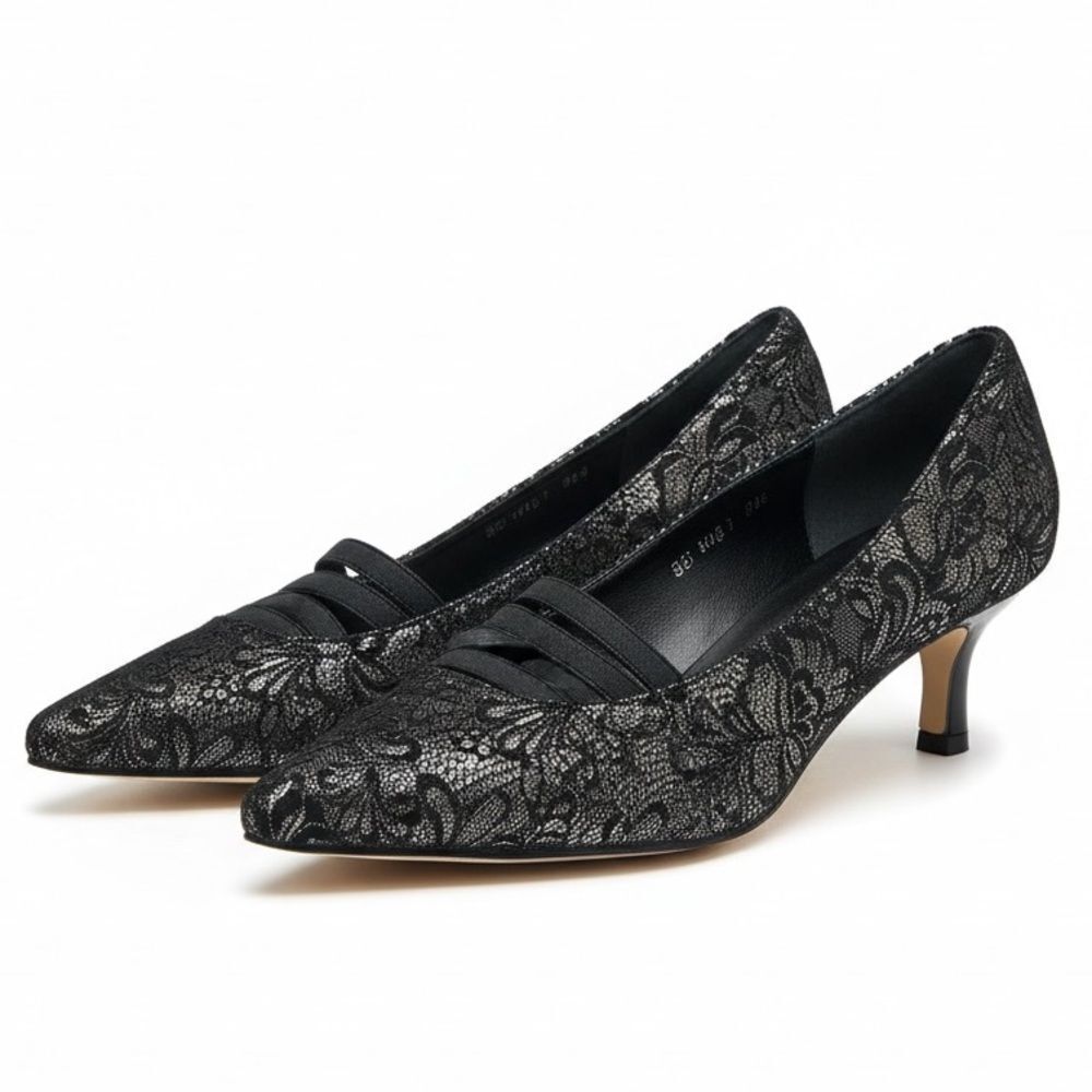 Fine Leather Rose Petals Black Lace Heels Size 12 Narrow Black Silver Patterned